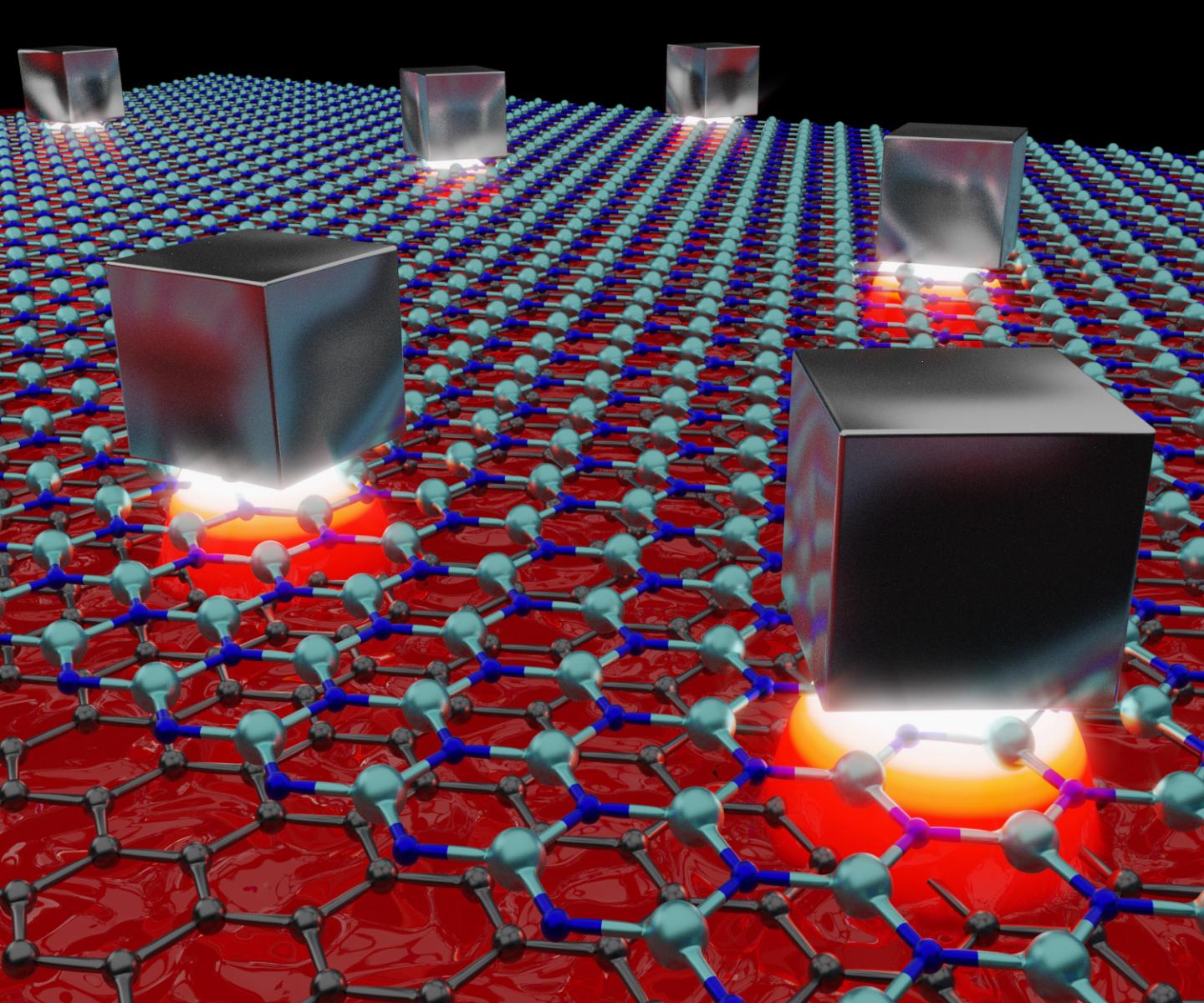 Artistic illustration of the light compressed below the silver nanocubes randomly placed over the graphene-based heterostructure. Image credit: Matteo Ceccanti. @ Matteo Ceccanti