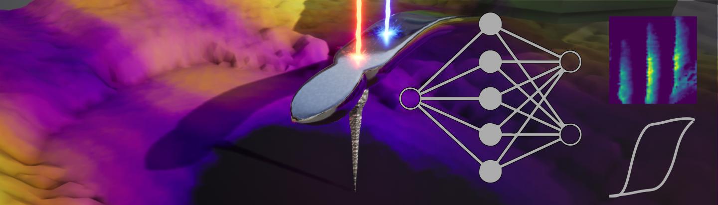 A schematic drawing showing a 3-D rendering of a cantilever in contact with the surface of a ferroelectric material. Diagram shows how neural networks can be used to visualize spatial differences that can be correlated to the response mechanisms. @ Joshua C. Agar and Joshua Willey