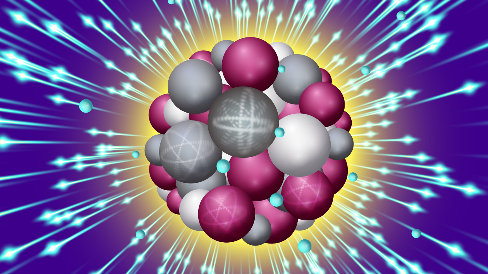 An intense X-ray pulse scatters off a sucrose cluster (red, white, and gray spheres are oxygen, carbon and hydrogen atoms, respectively) resulting in ejected electrons (blue spheres) and structural deformation. @ Stacy Huang