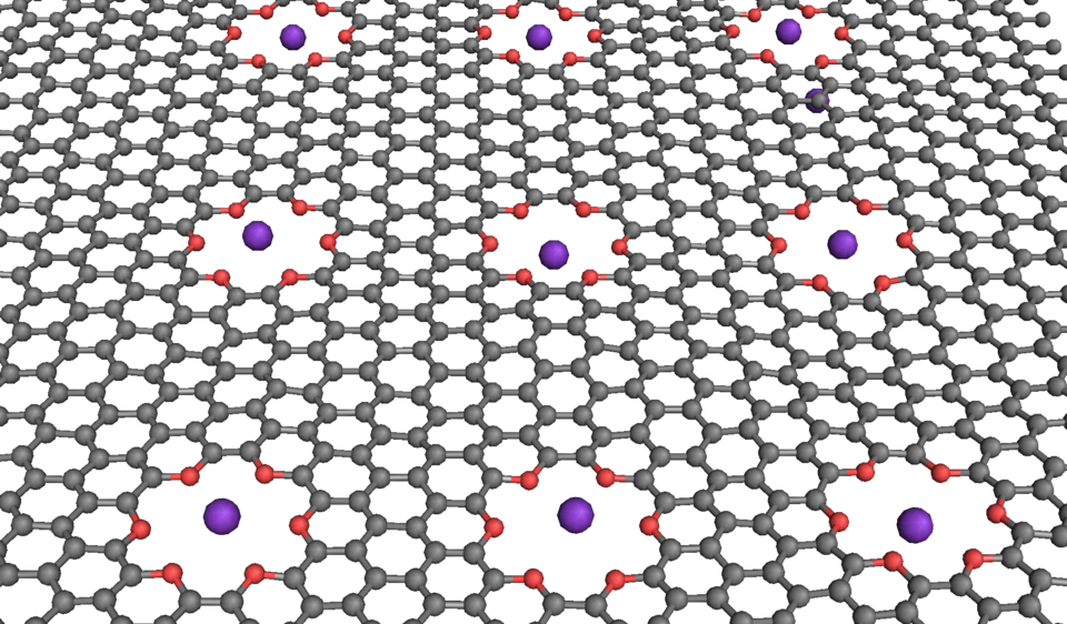 NIST researchers simulated computer logic operations in a saline solution with a graphene membrane (grey) containing oxygen-lined pores (red) that can trap potassium ions (purple) under certain electrical conditions. @ NIST
