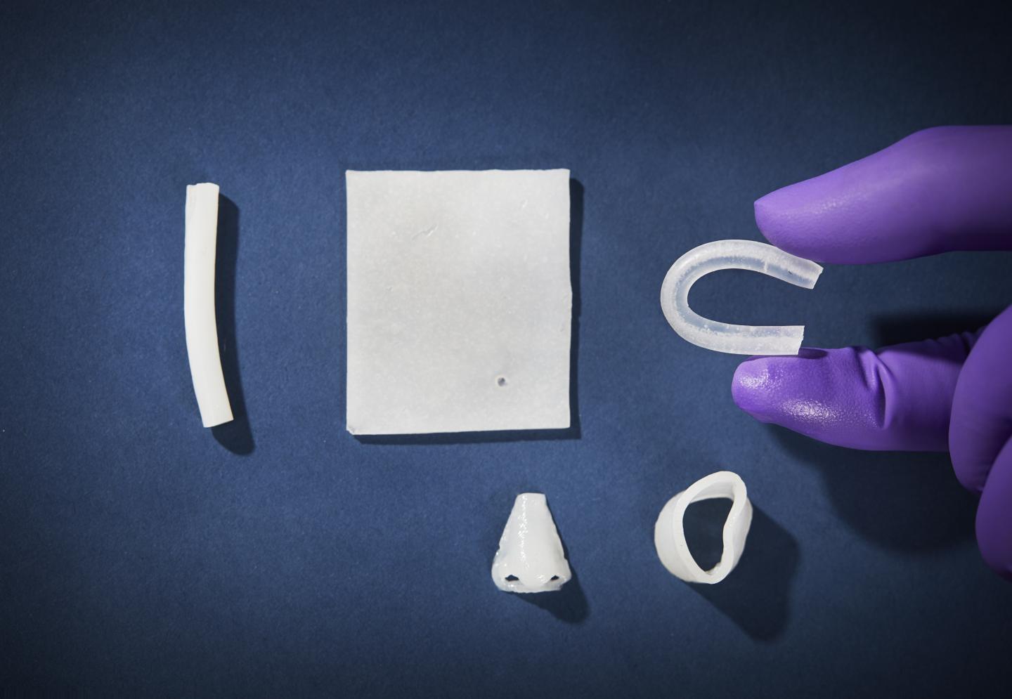 Researchers at Chalmers have developed a new synthetic rubber-like material with a unique combination of properties. The material could be suitable for applications in various medical devices for supporting or replacing human tissue. The 3D printed 'nose' in the image is an example of how the material could act as a possible replacement for cartilage. @ Anna Lena Lundqvist/Chalmers