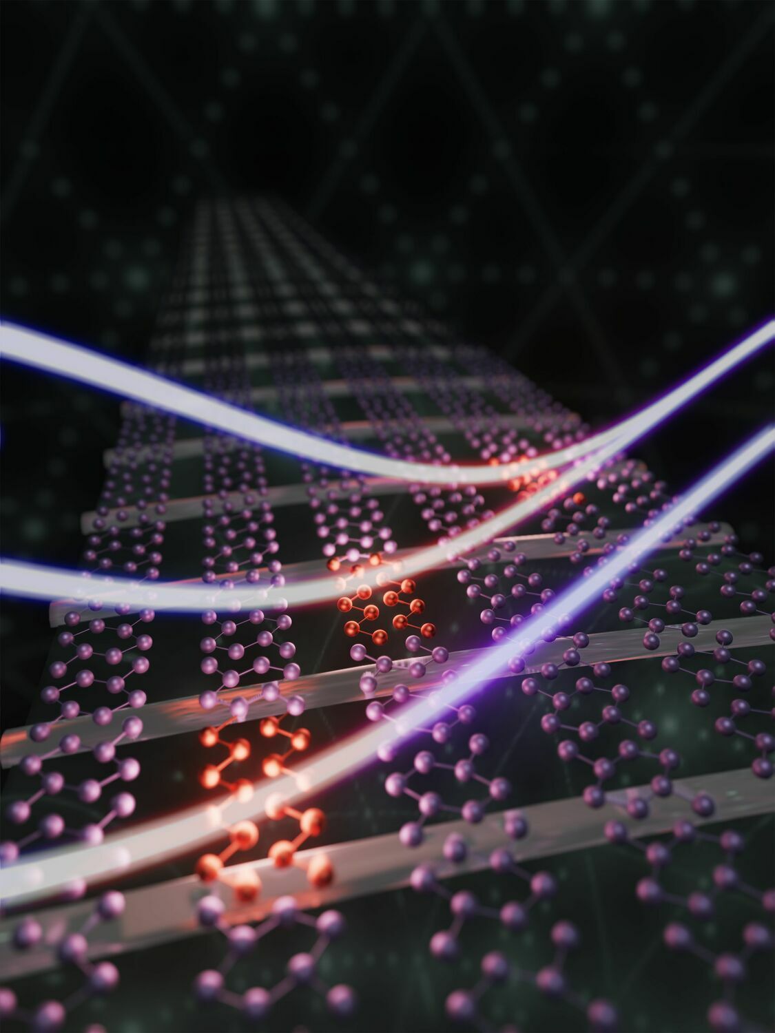Artist's impression of the phase transition of indium atoms on a silicon crystal controlled by light pulses @ Dr Murat Sivis