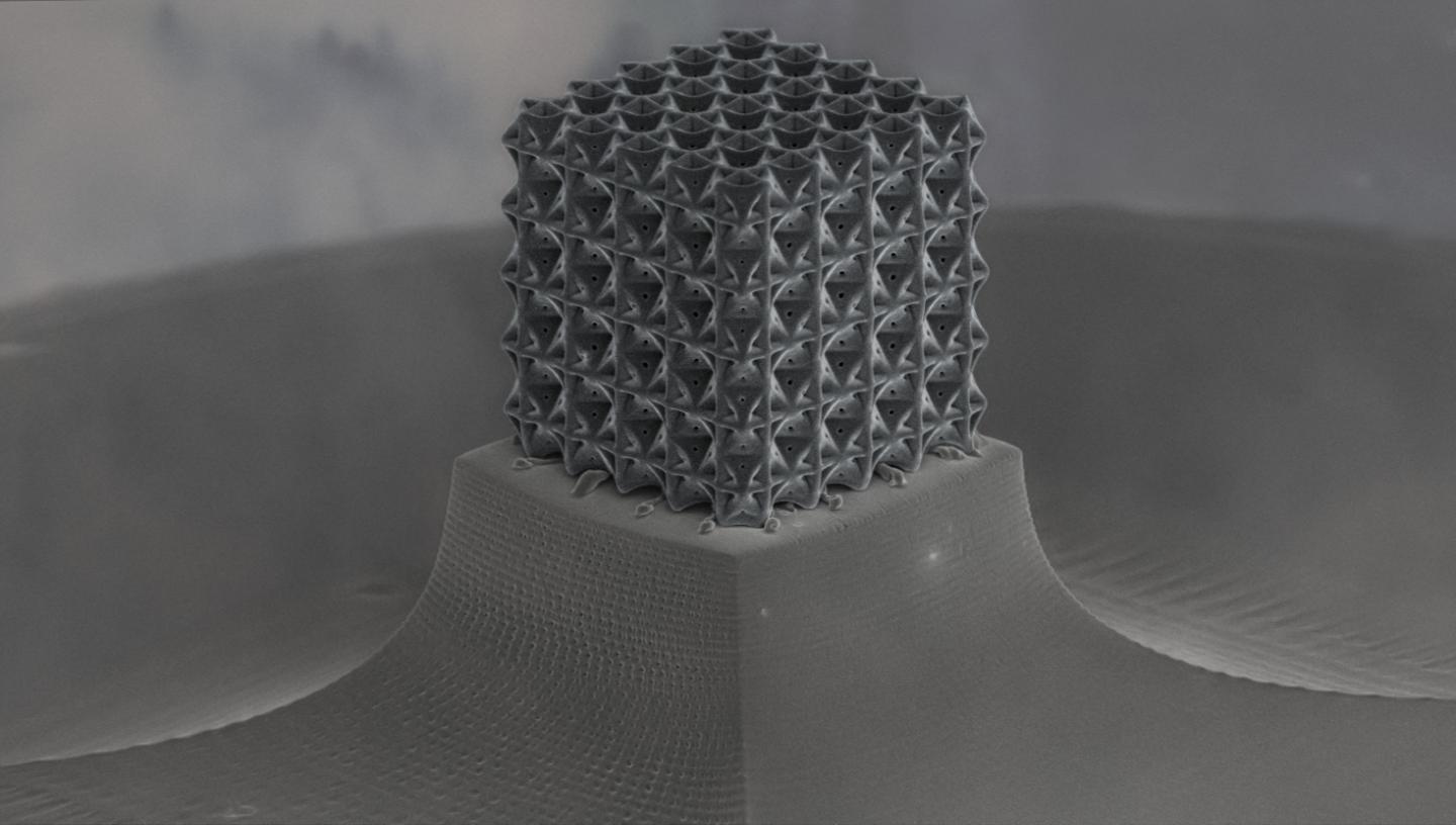 With wall thicknesses of about 160 nanometers, a closed-cell, plate-based nanolattice structure designed by researchers at UCI and other institutions is the first experimental verification that such arrangements reach the theorized limits of strength and stiffness in porous materials. @ Cameron Crook and Jens Bauer / UCI
