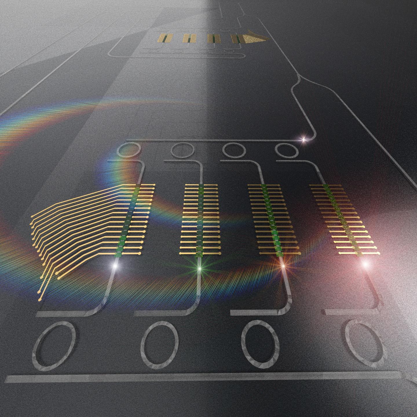 The photonic tensor core performs vector-matrix multiplications by utilizing the efficient interaction of light at different wavelengths with multistate photonic phase change memories. @ Mario Miscuglio