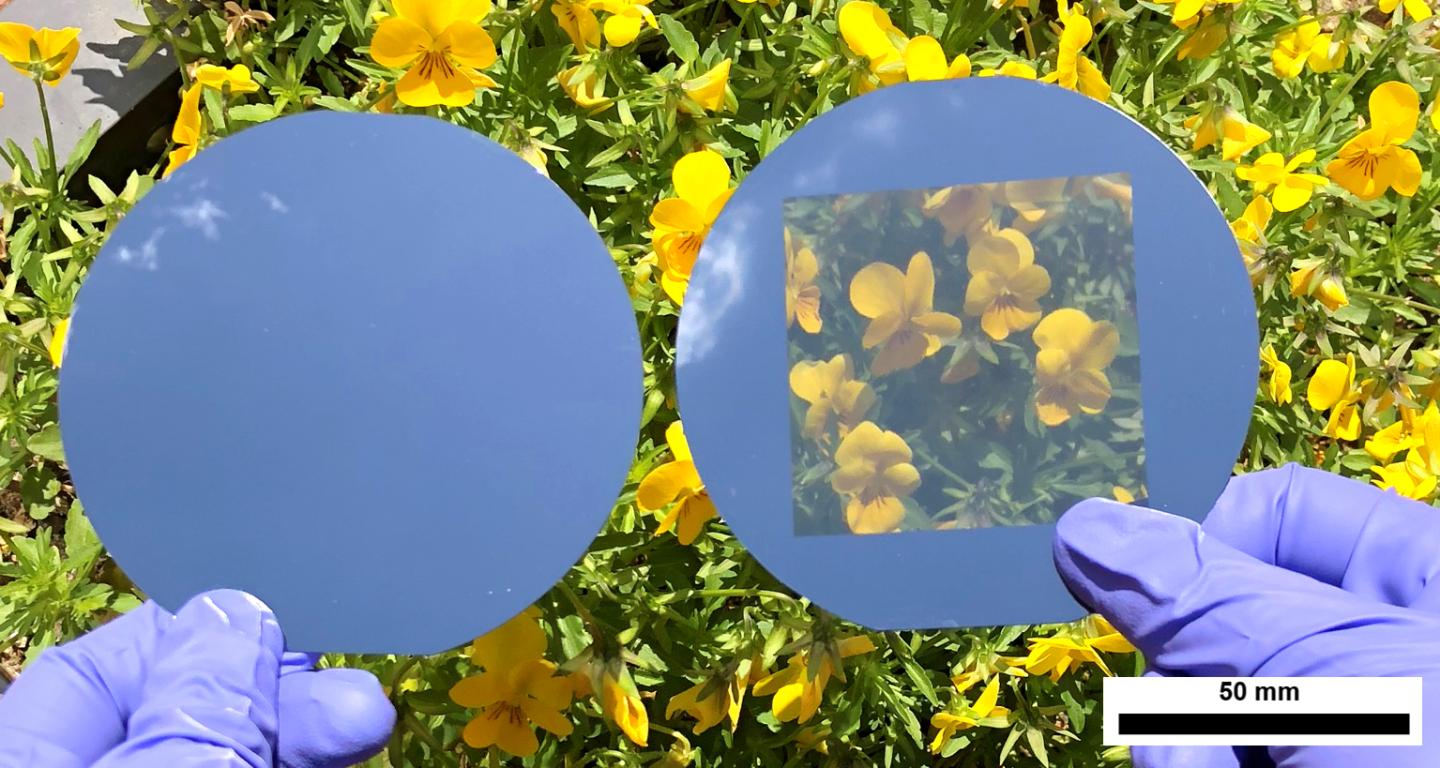 This photo depicts an opaque solar cell (left) compared to a neutral-colored transparent solar cell (right). @ UNIST