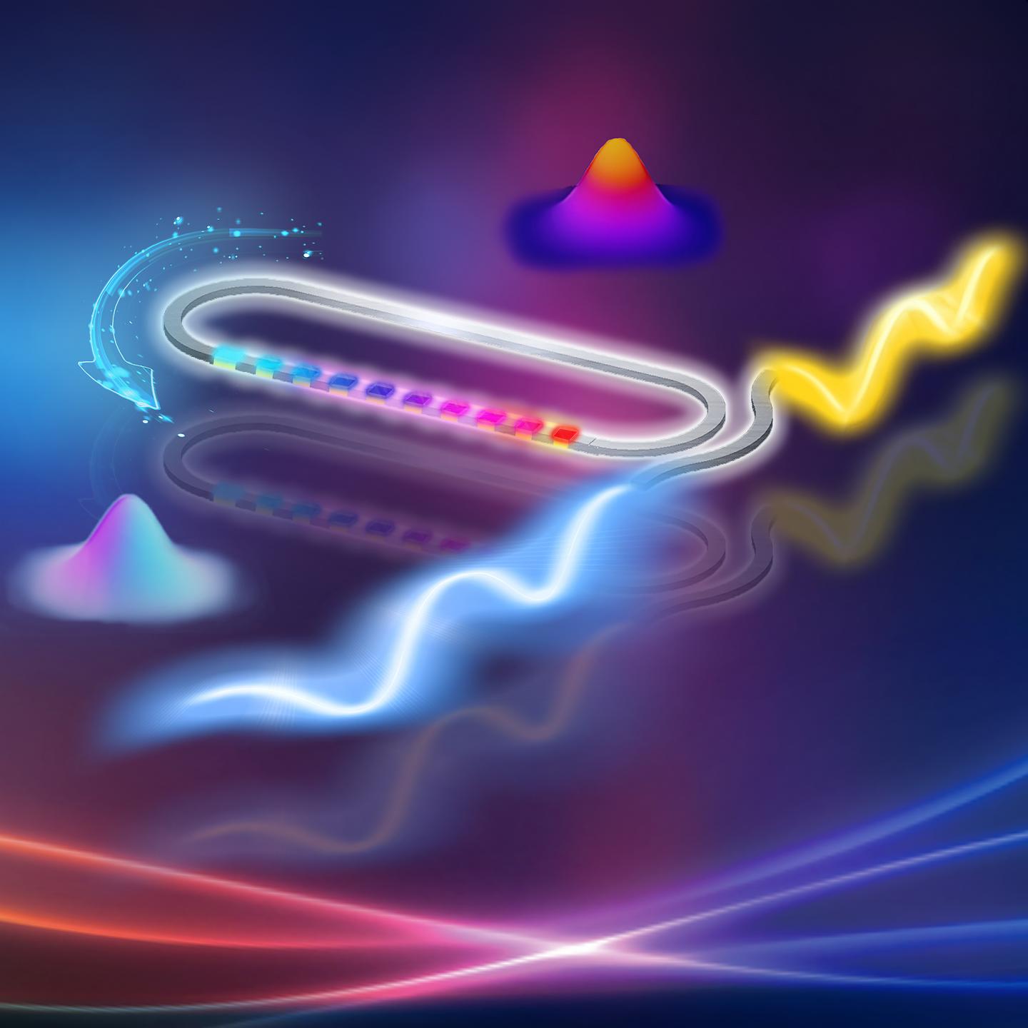 A stylized version of a racetrack nanosandblasted on lithium niobate, where photons are coaxed to interact with each other under low energy conditions. The new system could be optimized to work at the level of individual photons - the holy grail for room-temperature quantum computing and secure quantum communication. @ Stevens Institute of Technology