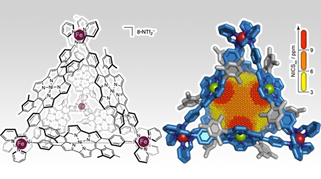 Antiaromatic-walled nanospace and its X-ray crystal structure with a 3D NICS grid, showing magnetic deshielding experienced within the nanospace. Antiaromaticity effects becomes stronger in the order of yellow < orange < red color. @ Nature / Tokyo Tech