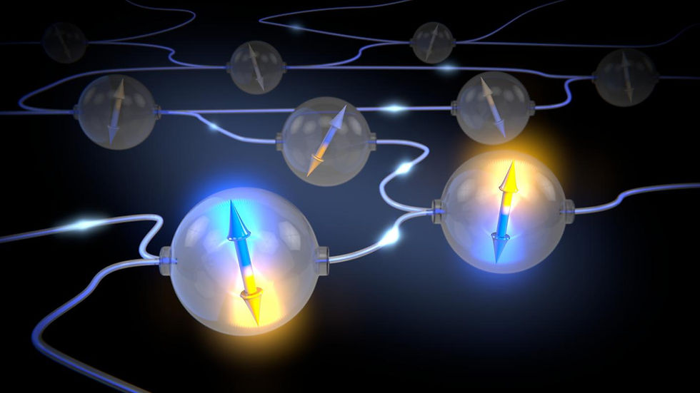 An artist impression of a quantum network based on Nitrogen Vacancies qubits in diamond. @ Scixel/TU Delft