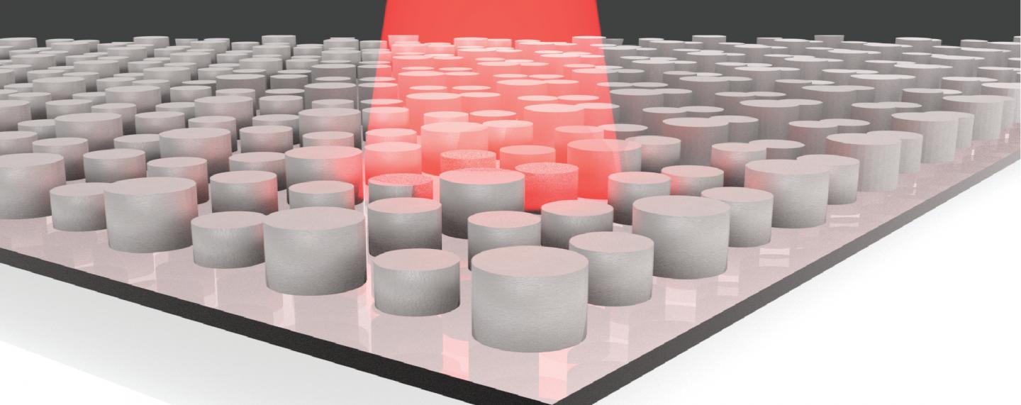 An illustration of a dielectric metamaterial with infrared light shining on it. @ Willie Padilla, Duke University
