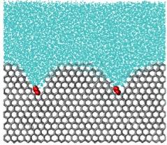 A simulation of an ice inhibiting molecule. The molecule, in red, is like a weight on the surface of the ice crystal, curving it and preventing further ice crystal growth. @ University of Utah