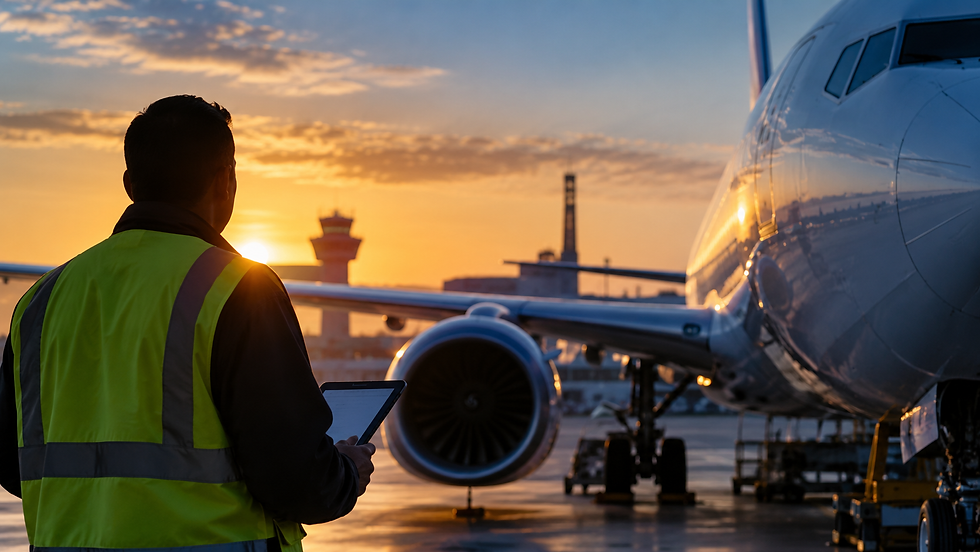 Aviation professional reviewing a tablet beside a commercial aircraft on an airport ramp at sunset