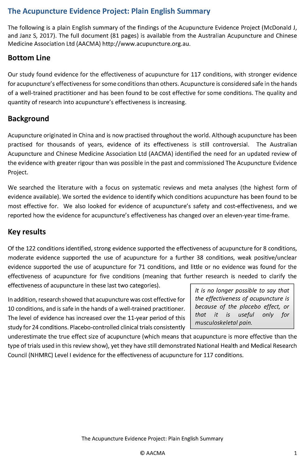 The Acupuncture Evidence Project Plain English Summary