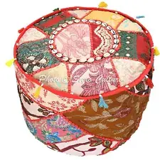 Bohemian Round Ottoman Pouffe Cover Patchwork Cotton 18" Cowrie Footstool Seat