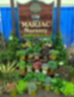 A diverse array of plants displayed under the Marjac Nursery sign, symbolizing the variety available during operational hours