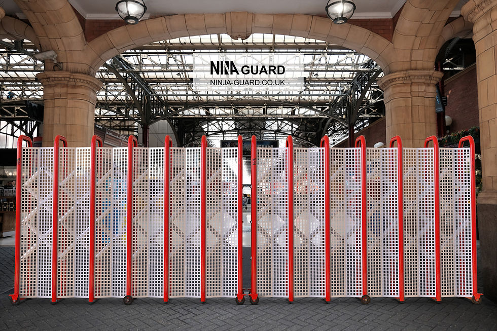Aluminium expanding gate with  screen use in London Train Station. it is provide better security and privacy.