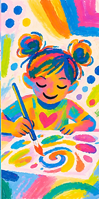 a child made up of beautiful colors smiles as they paint swirls and dots.