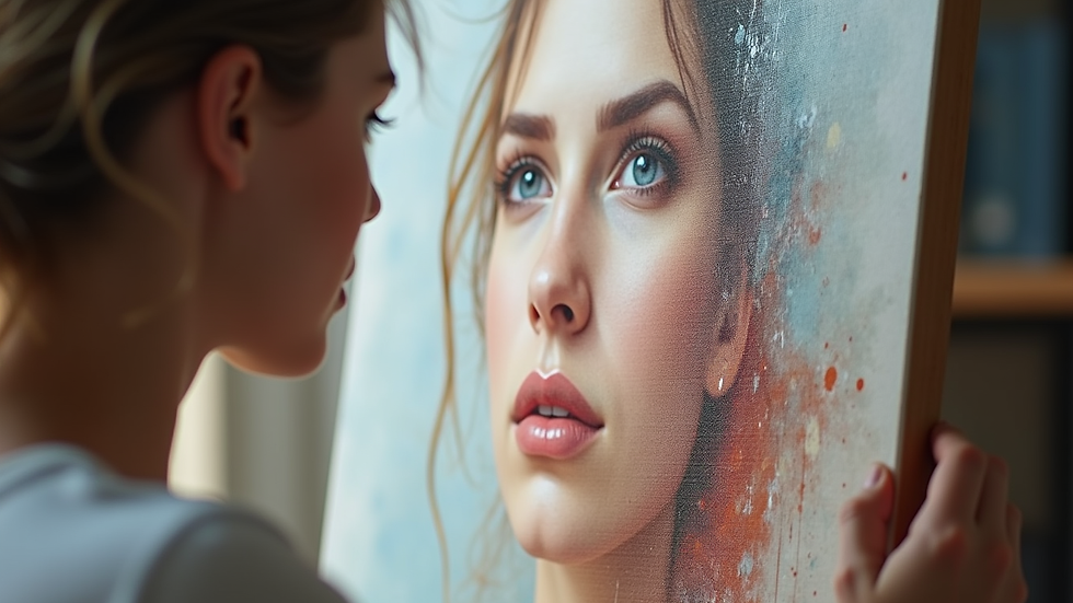 Close-up view of a canvas with abstract portrait in progress