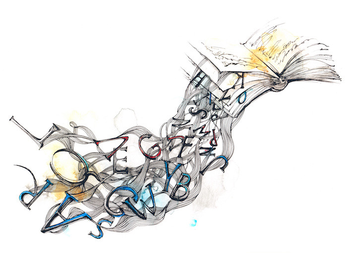 Illustration of book with words falling out