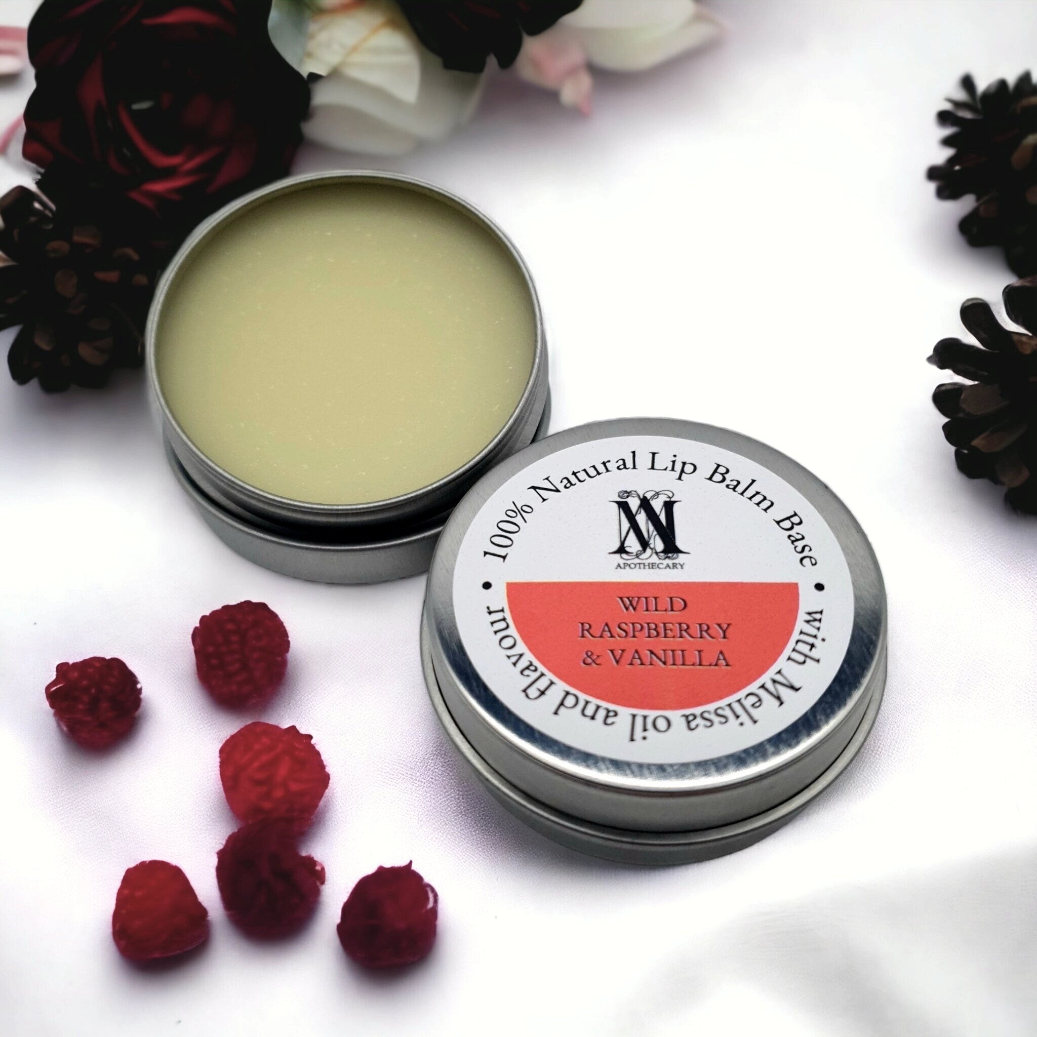 Wild raspberry and vanilla essential oil caring lip balm