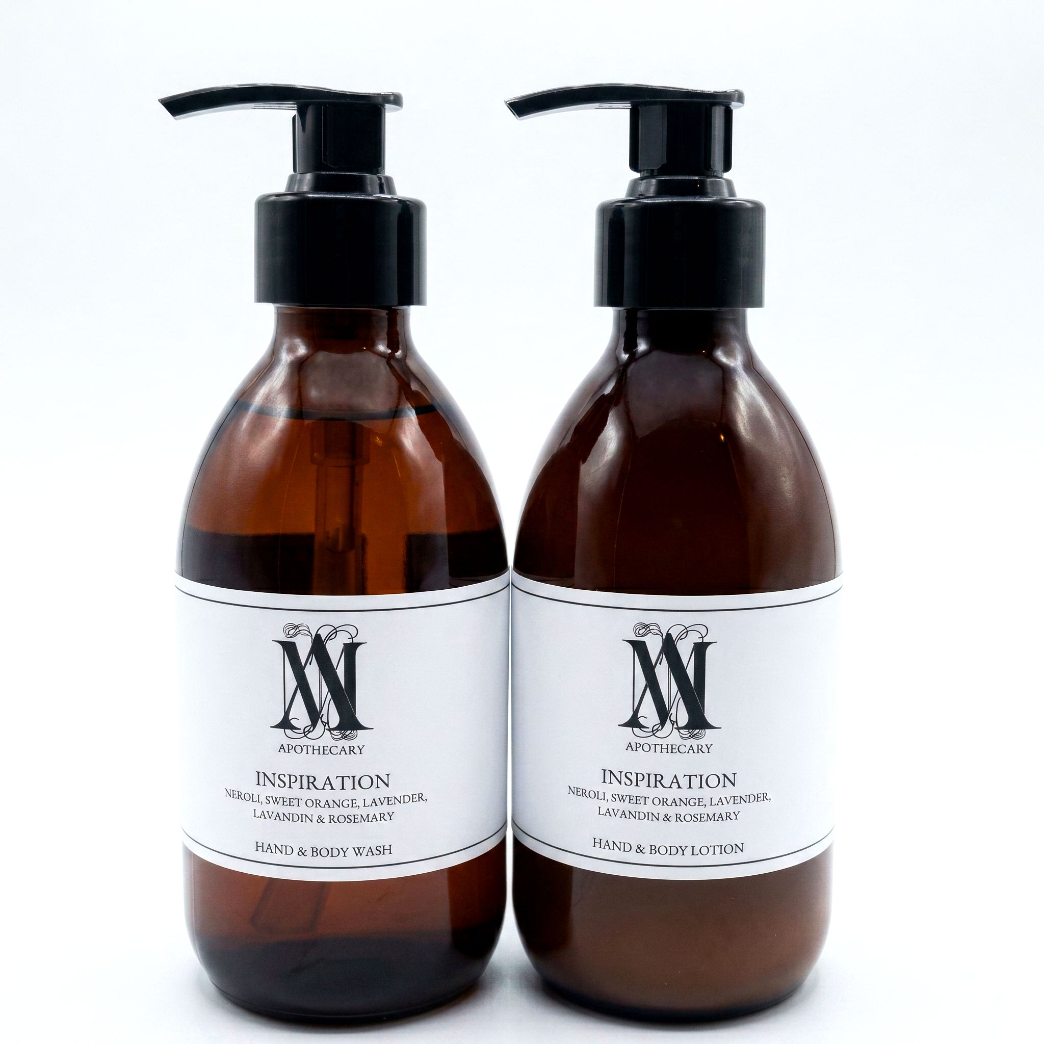 Essential oil hand and body wash with hand and body lotion in an amber glass bottle
