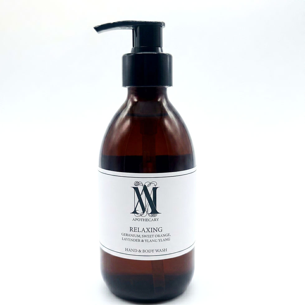 Relaxing essential oil body wash in an amber glass bottle