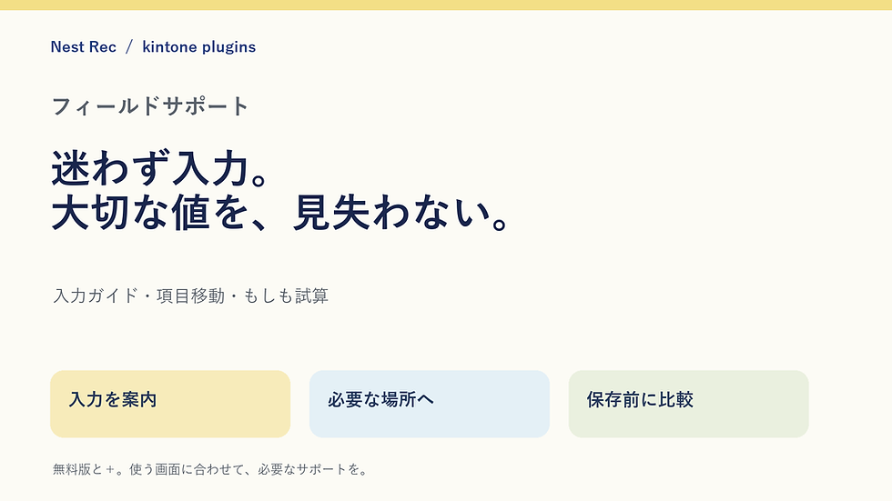 フィールドサポート。入力例・説明・項目移動、重要値の固定表示ともしも試算。