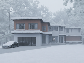 Cozy modern house surrounded by snow, with warm lights glowing from the windows, clean roof and clear pathways, representing a well‑prepared winter‑ready home