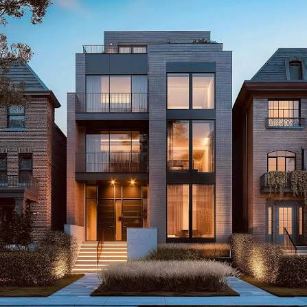 Modern urban living showcased in a contemporary multi-story townhouse, featuring large glass windows and a sleek design, set amidst a picturesque city street at dusk.
