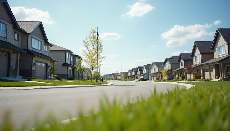 Eye-level view of a suburban Canadian neighborhood with newly built houses and clear skies