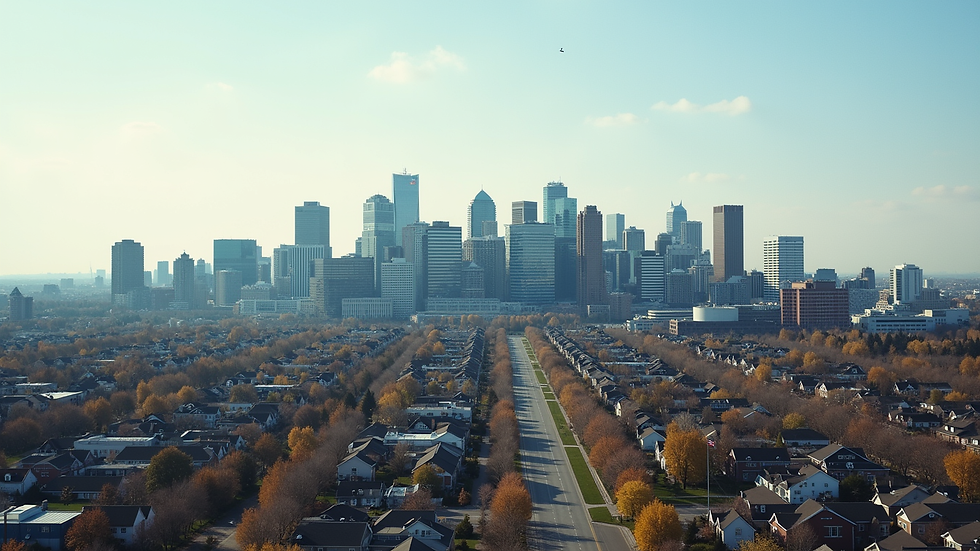 High angle view of Edmonton city skyline with residential areas