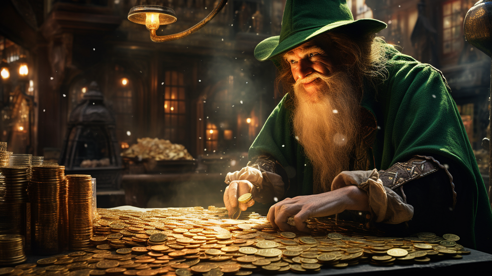dunc6913_a_medieval_shop_counter_a_leprechaun_counting_gold_pie_2a93bd35-8020-4601-8e76-53f4f6564b17