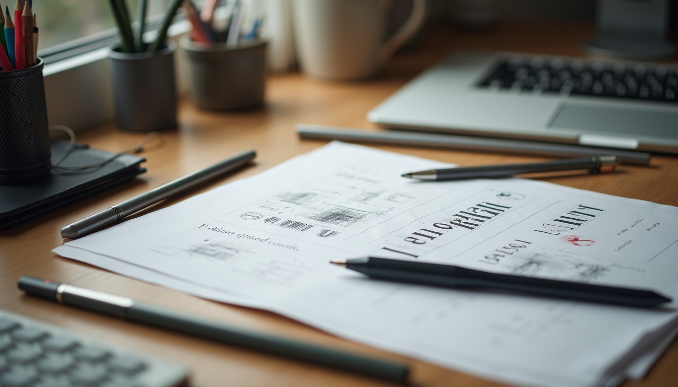 A designer's desk showcasing tools and materials for creating visuals.