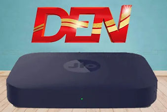 This image shows a blue jio set-top box with a green background and the DEN logo.
