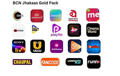 The image shows the BCN Jhakaas Gold Pack, featuring various OTT platforms and streaming services. Some visible logos include:
ZEE5, Jhakaas, Distro TV, AAO NXT, Me, Stage, Ptc Play, Playflix, ALT, Cinema World ,Sony LIV, Ullu, Jio Cinema, Om TV, Chaupal, Fancode, Lionsgate Play, Runn TV This pack provides a wide range of entertainment options through multiple apps.