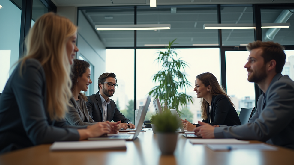 Eye-level view of a diverse team collaborating in a modern office space