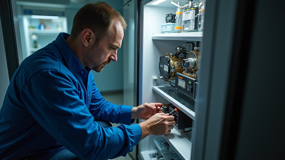 High angle view of a technician inspecting a refrigerator compressor