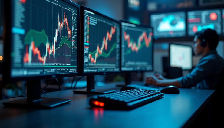 Eye-level view of a trader’s desk with charts and data analysis tools