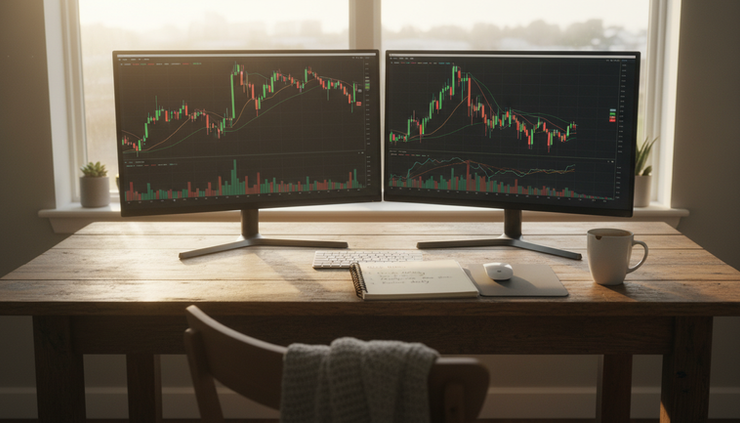Wide-angle view of a home trading setup beside a quiet window at sunrise
