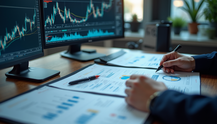 Eye-level view of a trader’s desk with charts and notes
