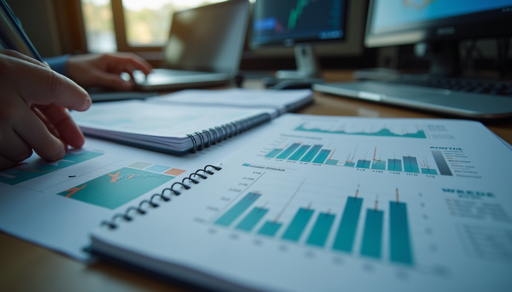 Eye-level view of a trader’s desk with a detailed trading journal and charts