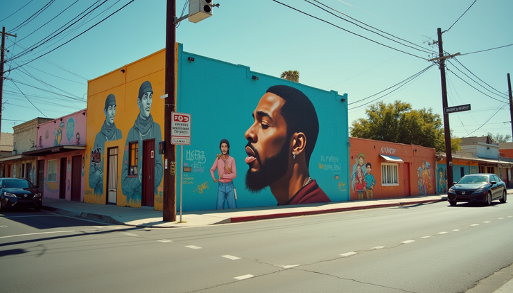 Eye-level view of a street corner in South Central LA with a mural of Nipsey Hussle