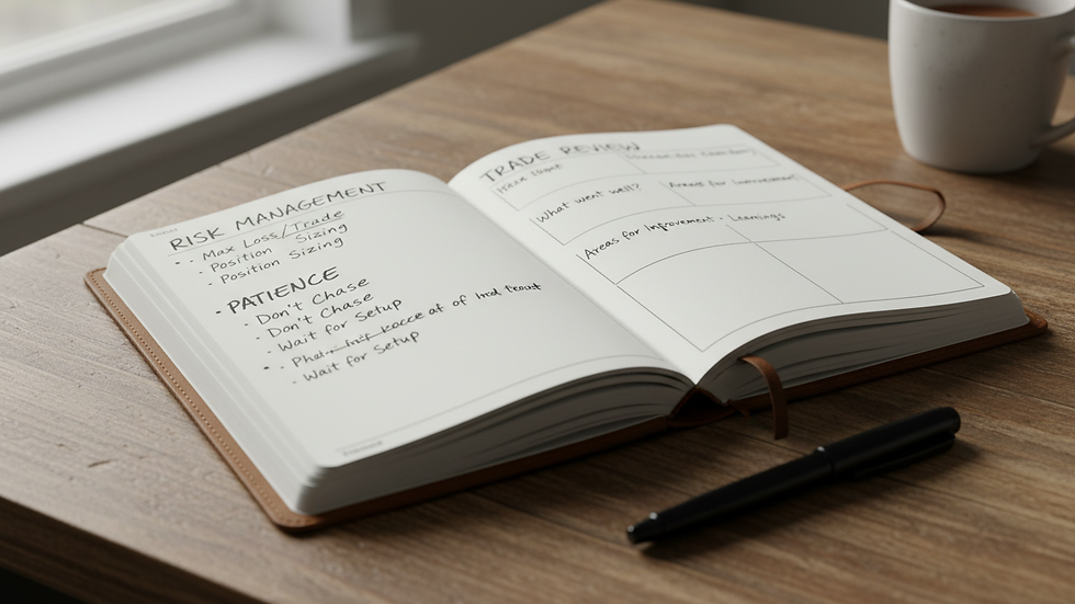 Close-up view of a handwritten trading journal with risk notes and a pen