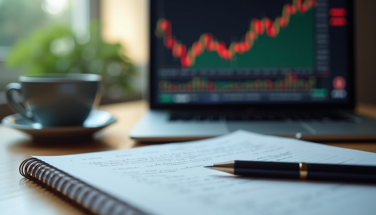 Eye-level view of a trader's desk with a detailed trading journal and charts