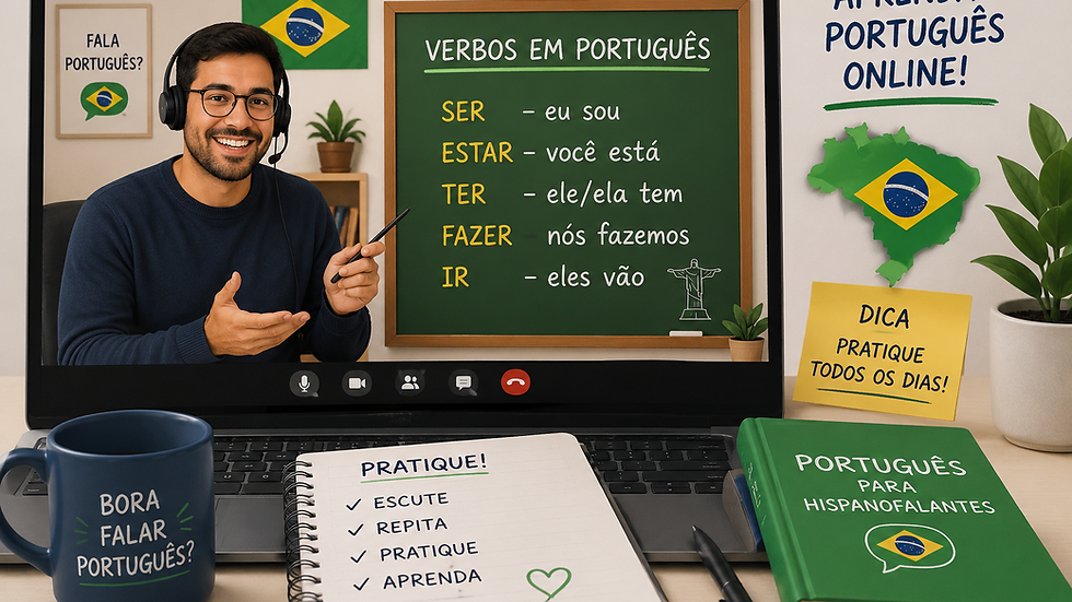 Profesor impartiendo una clase online de portugués con una pizarra que muestra los verbos en portugués más usados: ser, estar, ter, fazer e ir, para estudiantes hispanohablantes.