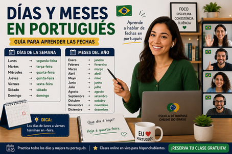 Profesora enseñando los días de la semana y los meses en portugués durante una clase online para estudiantes hispanohablantes.