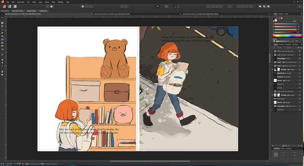 Picture book color sketches and original page text in Affinity Publisher