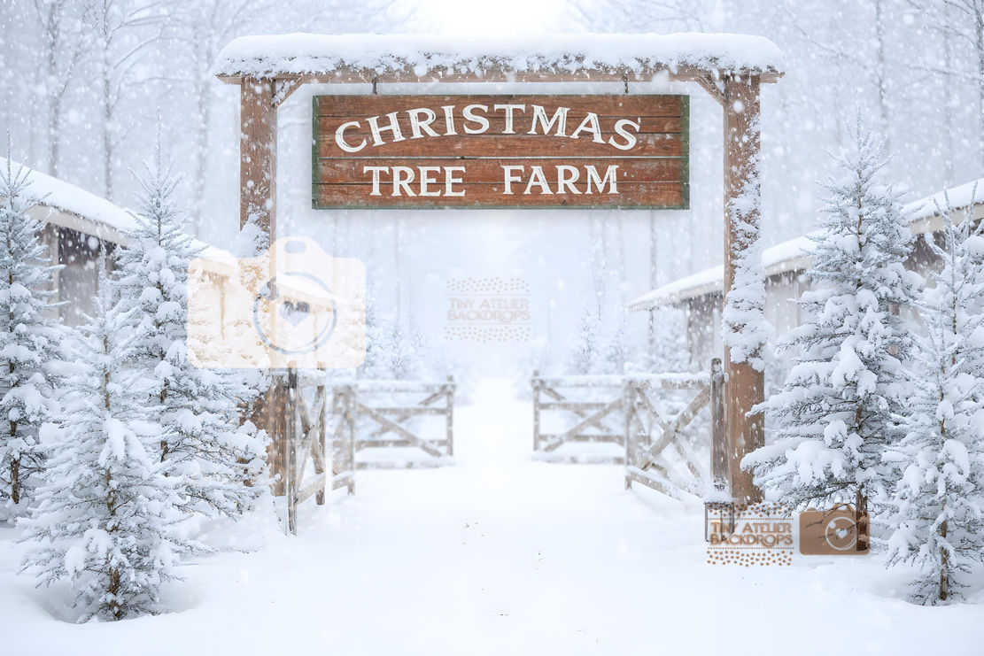 ❤White Christmas Tree Farm sign, gates snowy forest❤