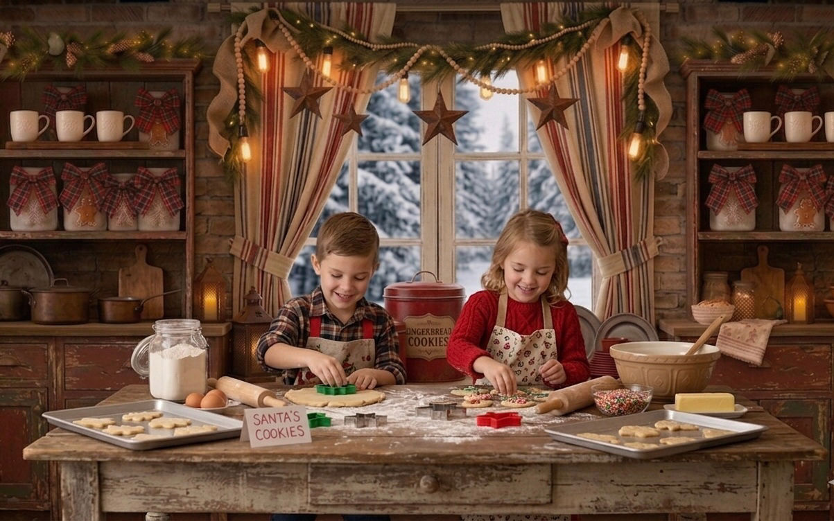 Rustic Cottage Kitchen Christmas backdrop