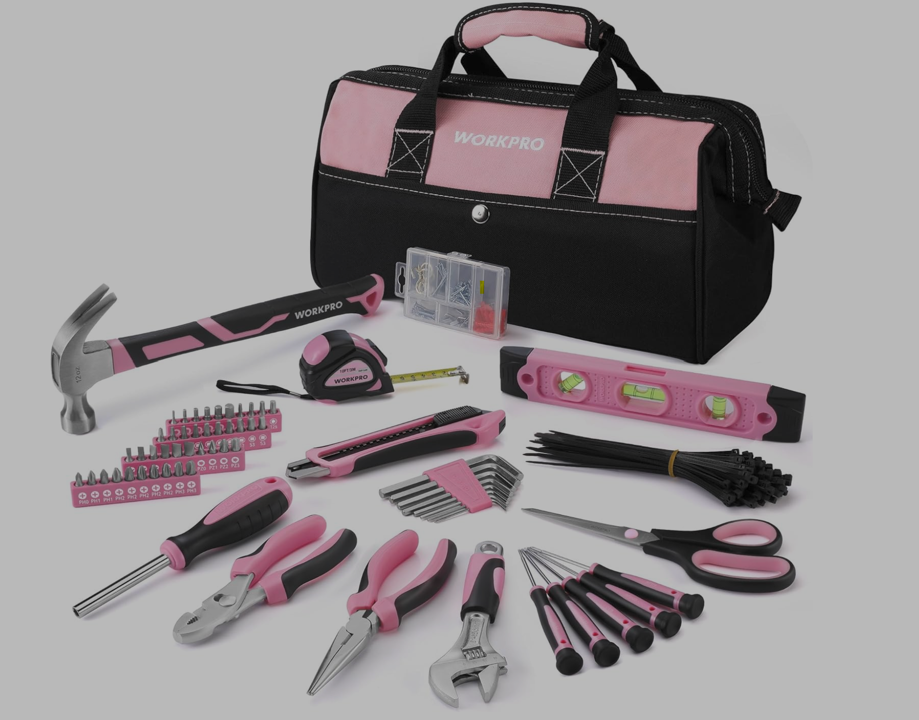Pink Tool Kit, 263-Piece Home Repairing Tool Set with Wide Mouth Open Storage Ba