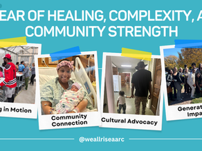 A We All Rise graphic titled “A Year of Healing, Complexity, and Community Strength,” featuring four photos labeled Healing in Motion, Community Connection, Cultural Advocacy, and Generational Impact. The images show community members cooking together, a mother holding her baby, a father and child walking down a hallway, and a group of smiling people standing outdoors.